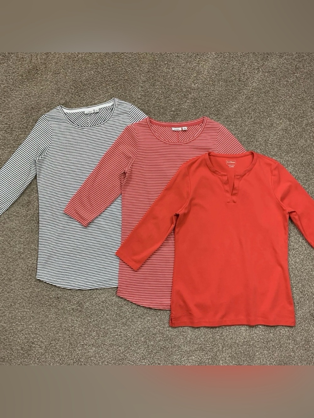 LL Bean Top Lot of 3 Womens Small Casual Striped Solid 3/4 Sleeve Tee Shirt EUC